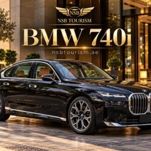 Black BMW 740i luxury sedan for chauffeur service in Dubai and Abu Dhabi with NSB Tourism LLC, ideal for airport transfers, business travel, VIP transport, and private journeys.