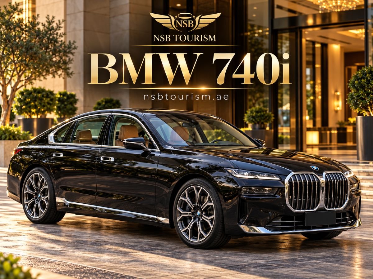 Black BMW 740i luxury sedan for chauffeur service in Dubai and Abu Dhabi with NSB Tourism LLC, ideal for airport transfers, business travel, VIP transport, and private journeys.