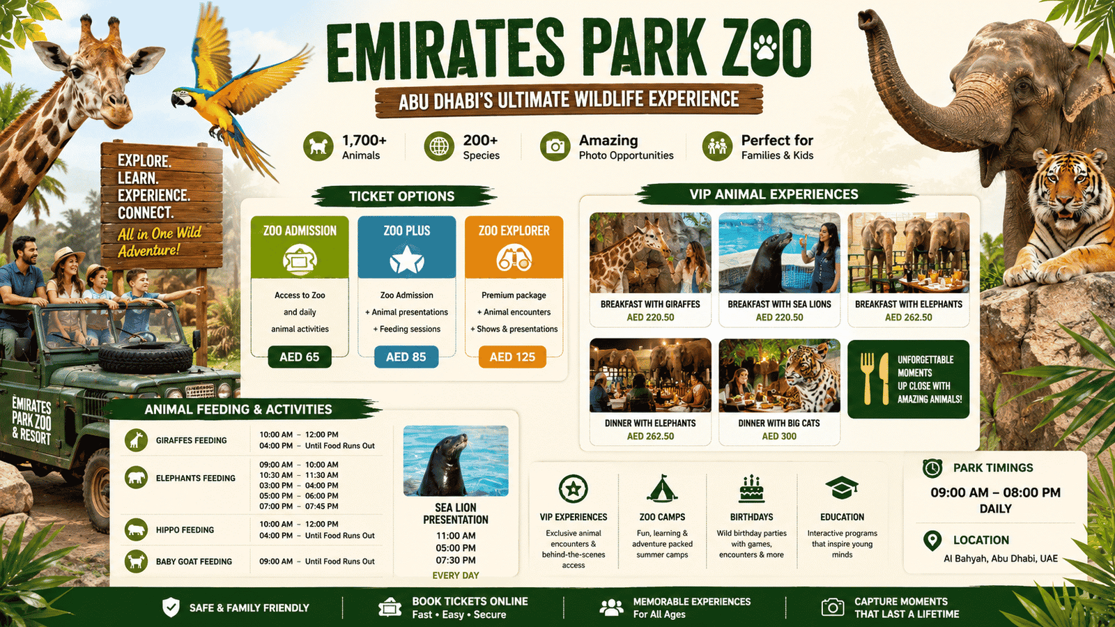 showing Emirates Park Zoo Abu Dhabi ticket options, animal feeding activities, VIP wildlife experiences, zoo timings, and family attractions