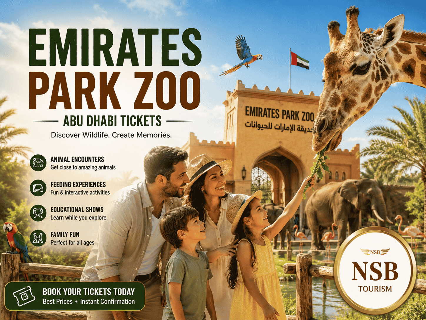 Family enjoying giraffe feeding and wildlife experiences at Emirates Park Zoo Abu Dhabi