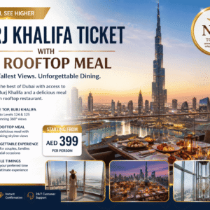 Guests enjoying a rooftop dining experience with spectacular Burj Khalifa and Dubai skyline views.