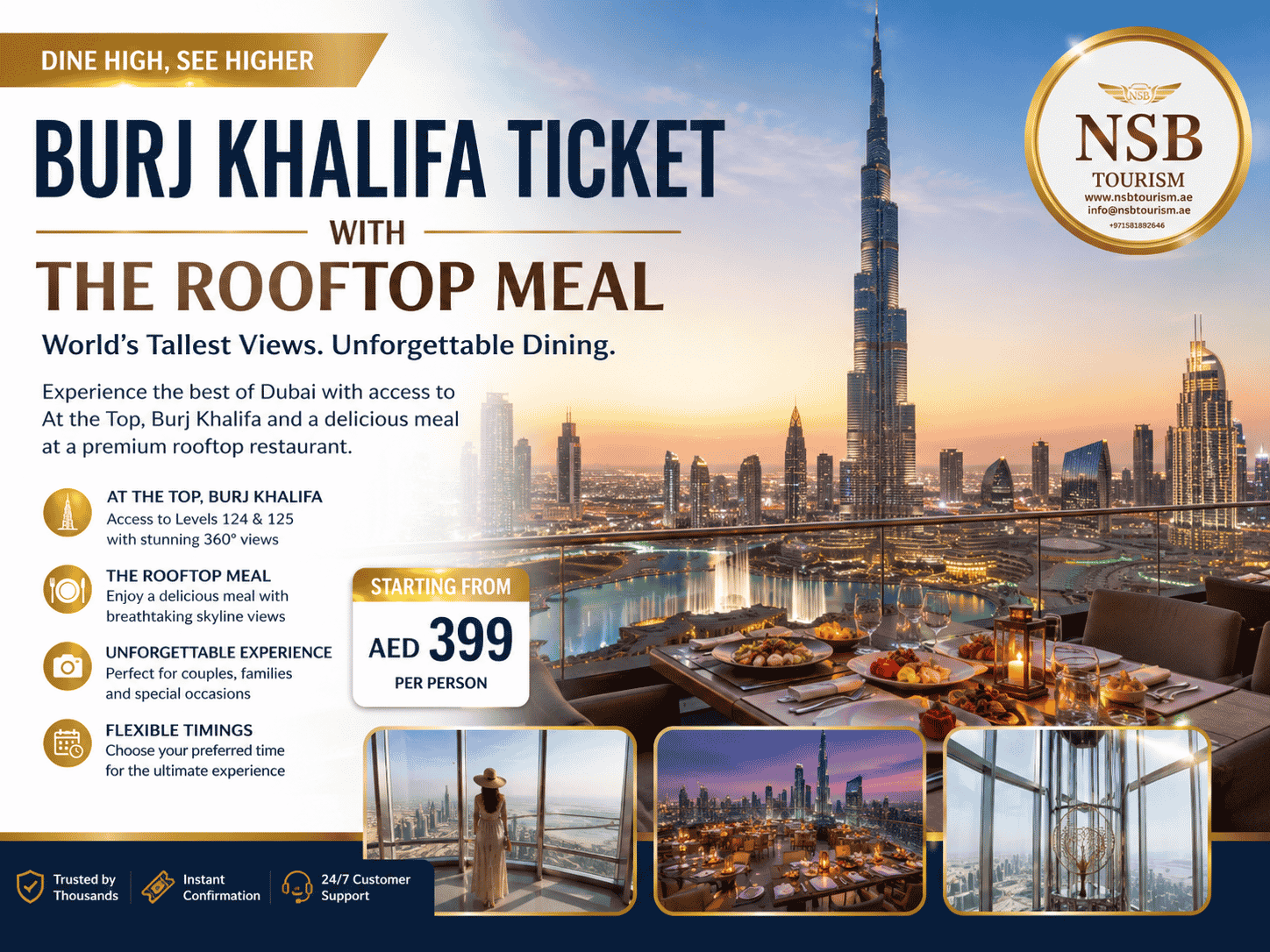 Guests enjoying a rooftop dining experience with spectacular Burj Khalifa and Dubai skyline views.