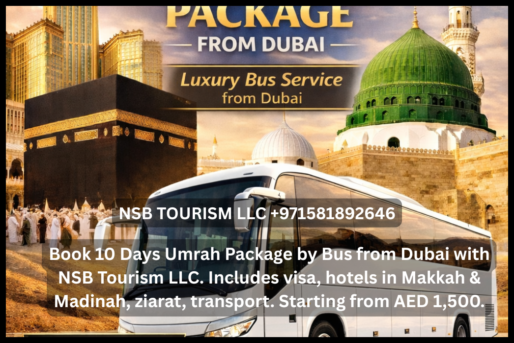 0 Days Umrah Package from Dubai by NSB Tourism LLC with luxury white bus service, featuring Masjid al-Haram Kaaba and Masjid an-Nabawi Green Dome, starting from AED 1,500
