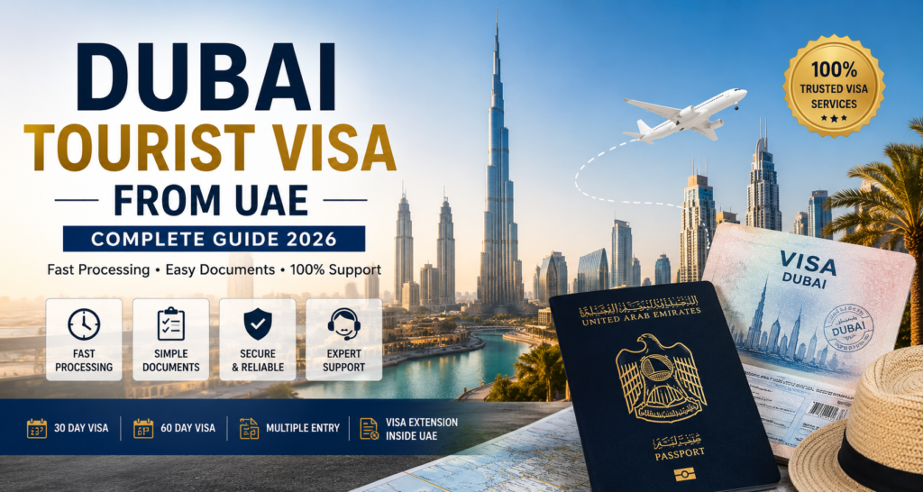 Dubai tourist visa from UAE 2026 guide with Burj Khalifa skyline, UAE passport, visa approval concept, fast processing and visa extension services by NSB Tourism LLC