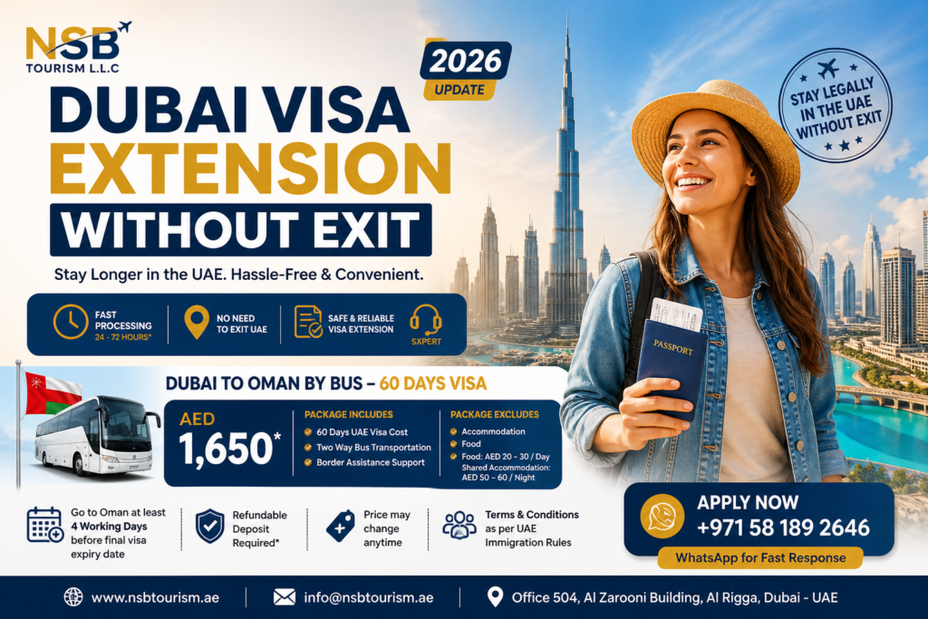 Dubai visa extension without exit 2026 guide with Burj Khalifa skyline, tourist traveler, UAE passport, Oman bus visa change package, and NSB Tourism LLC visa services