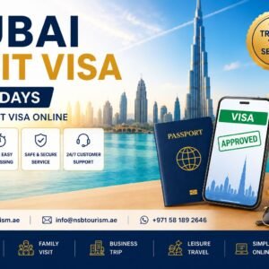 Dubai Visit Visa 30 Days promotional banner by NSB Tourism LLC featuring UAE tourist visa assistance, Dubai skyline, Burj Khalifa, passport, approved visa, and professional visa services from Dubai.