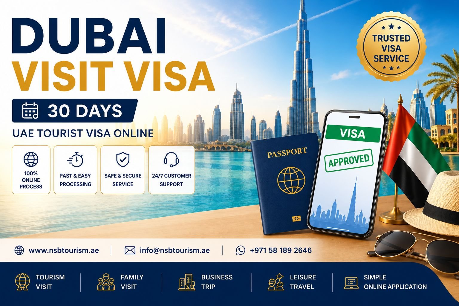 Dubai Visit Visa 30 Days promotional banner by NSB Tourism LLC featuring UAE tourist visa assistance, Dubai skyline, Burj Khalifa, passport, approved visa, and professional visa services from Dubai.