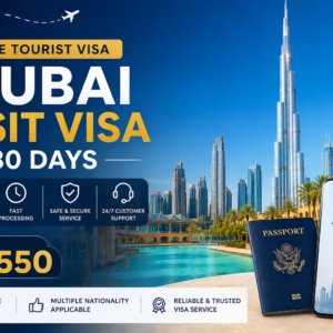 Dubai visit visa 30 days image showing UAE tourist visa approval, Burj Khalifa skyline, passport, and AED 550 Dubai visa price by NSB Tourism LLC