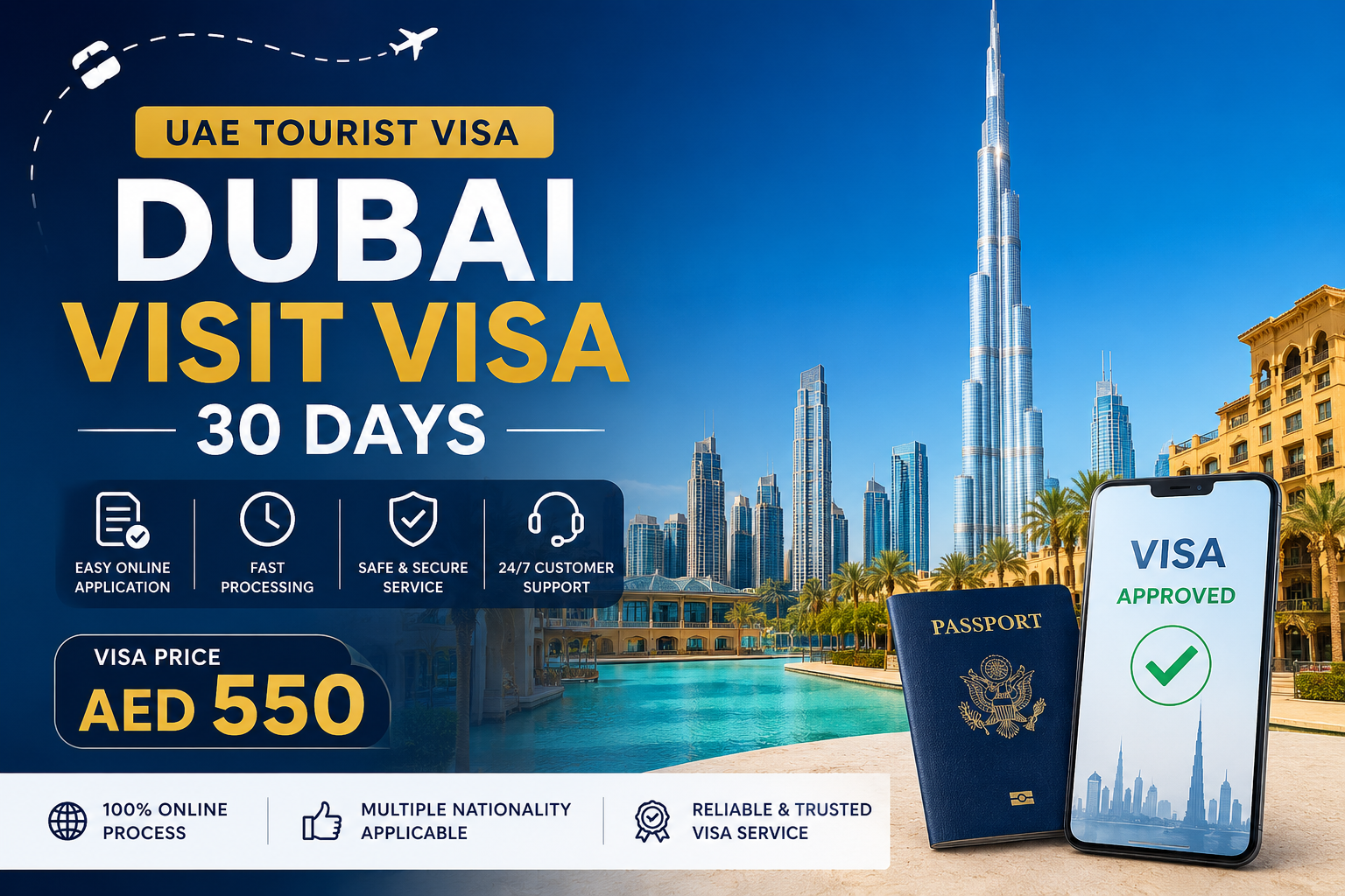 Dubai visit visa 30 days image showing UAE tourist visa approval, Burj Khalifa skyline, passport, and AED 550 Dubai visa price by NSB Tourism LLC