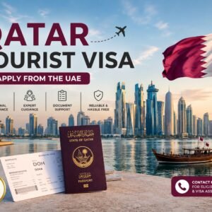 Qatar Tourist Visa from UAE with Doha skyline, Qatar flag, passport, boarding pass, and professional visa assistance by NSB Tourism LLC.