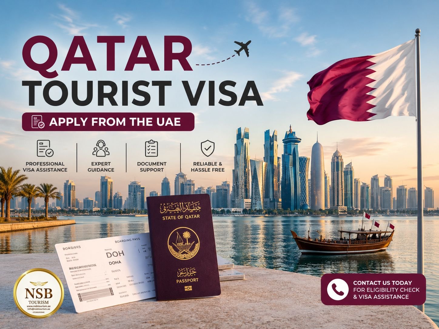 Qatar Tourist Visa from UAE with Doha skyline, Qatar flag, passport, boarding pass, and professional visa assistance by NSB Tourism LLC.