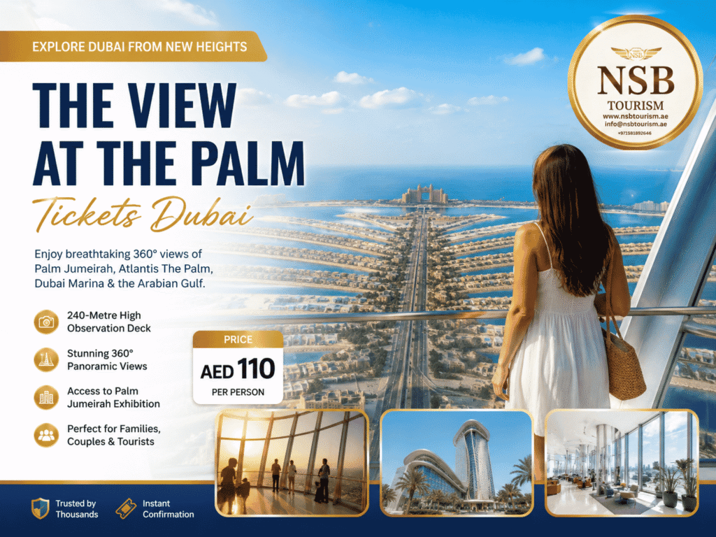 Visitors enjoying panoramic views of Palm Jumeirah and Atlantis The Palm from The View at The Palm observation deck in Dubai.