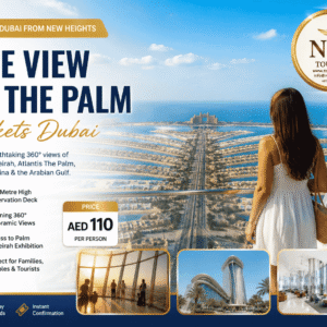 Visitors enjoying panoramic views of Palm Jumeirah and Atlantis The Palm from The View at The Palm observation deck in Dubai.
