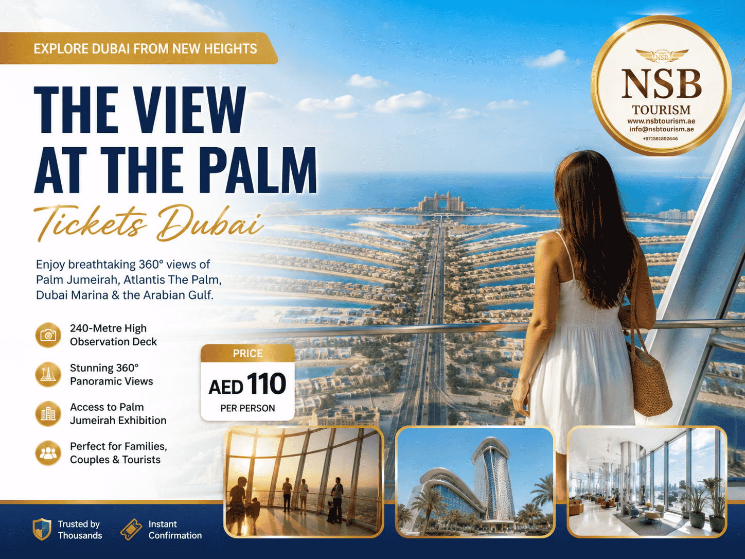 Visitors enjoying panoramic views of Palm Jumeirah and Atlantis The Palm from The View at The Palm observation deck in Dubai.