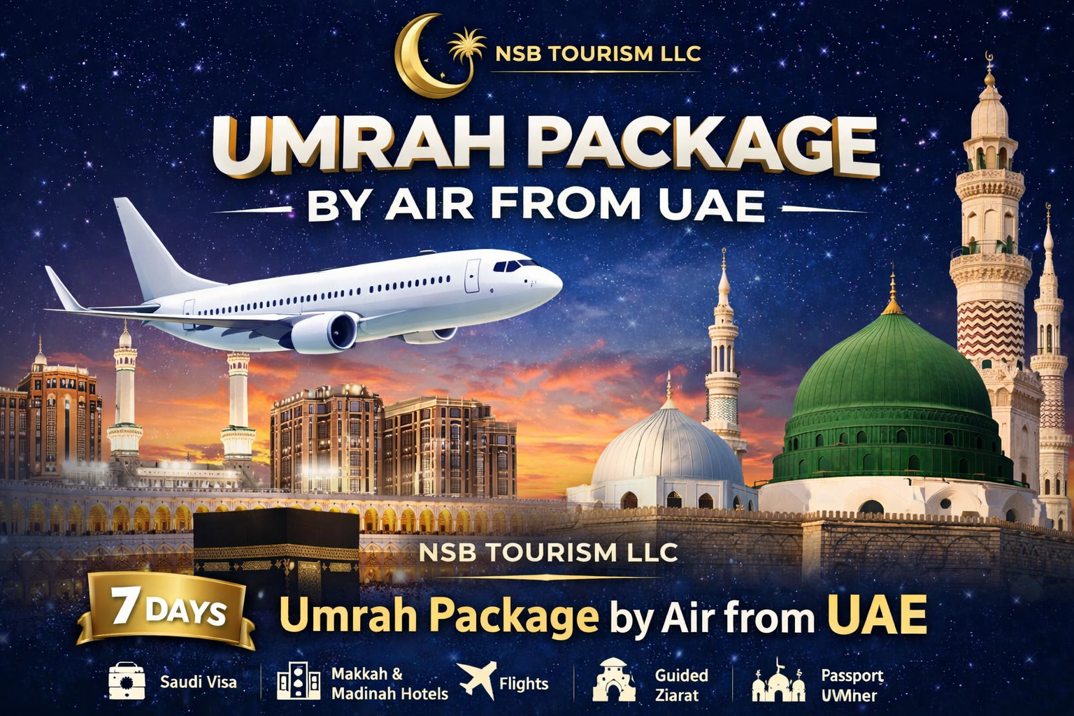 Book Umrah package by air from UAE with complete travel, visa and ziarat services