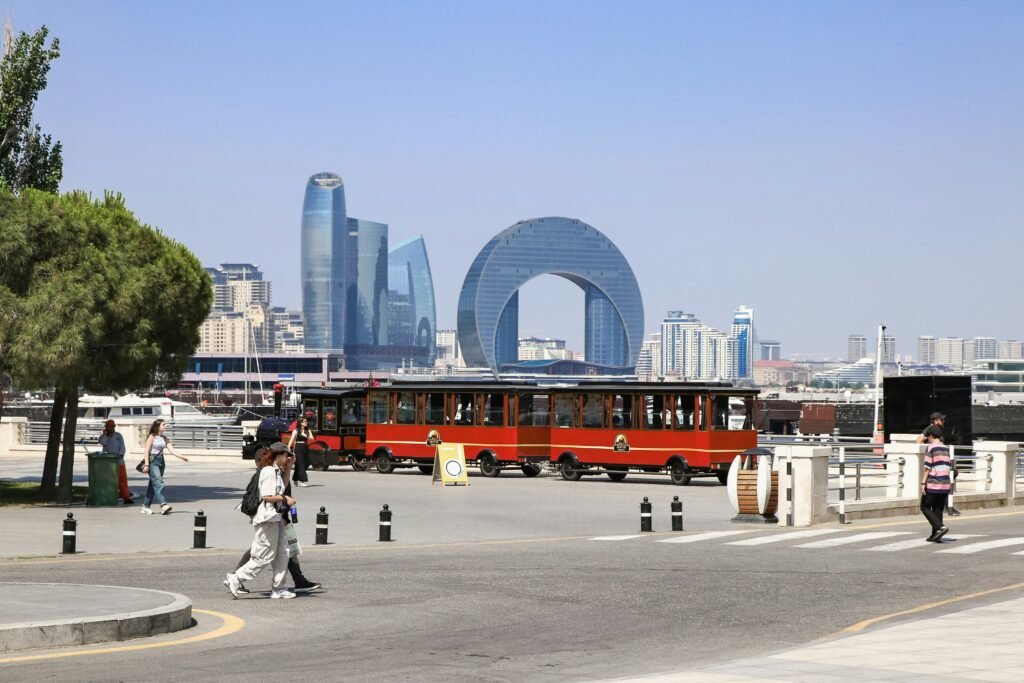 Azerbaijan tourist visa travel guide with Baku skyline and modern city attractions