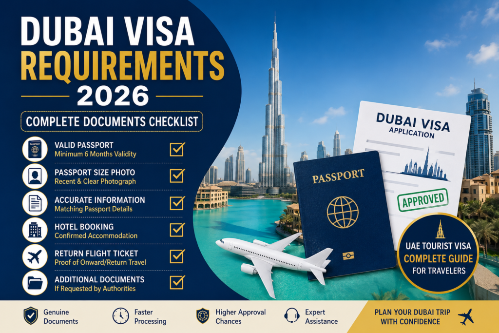 Dubai visa requirements 2026 infographic showing UAE tourist visa documents checklist including passport, visa photo, hotel booking, return flight ticket, and Dubai skyline background.
