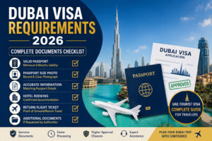 Dubai visa requirements 2026 infographic showing UAE tourist visa documents checklist including passport, visa photo, hotel booking, return flight ticket, and Dubai skyline background.
