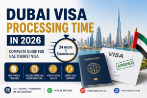 Dubai visa processing time 2026 infographic showing UAE tourist visa approval timeline, passport, approved visa document, Dubai skyline, and travel support information.