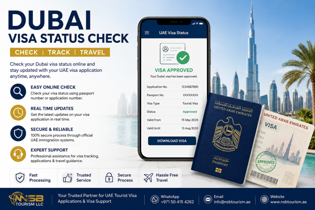 Dubai visa status check online showing UAE tourist visa approval tracking on mobile phone with passport and Dubai skyline background