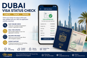 Dubai visa status check online showing UAE tourist visa approval tracking on mobile phone with passport and Dubai skyline background