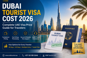 Dubai tourist visa cost 2026 with UAE visa approval, passport, Burj Khalifa skyline, and Dubai travel guide banner