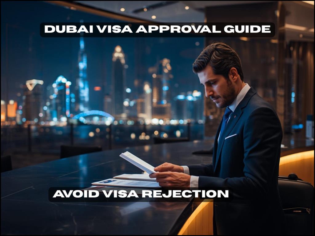 Dubai tourist visa rejection guide with traveler reviewing passport and application documents