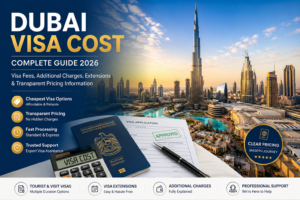 Dubai visa cost guide showing UAE tourist visa fees processing charges and visa application details in 2026