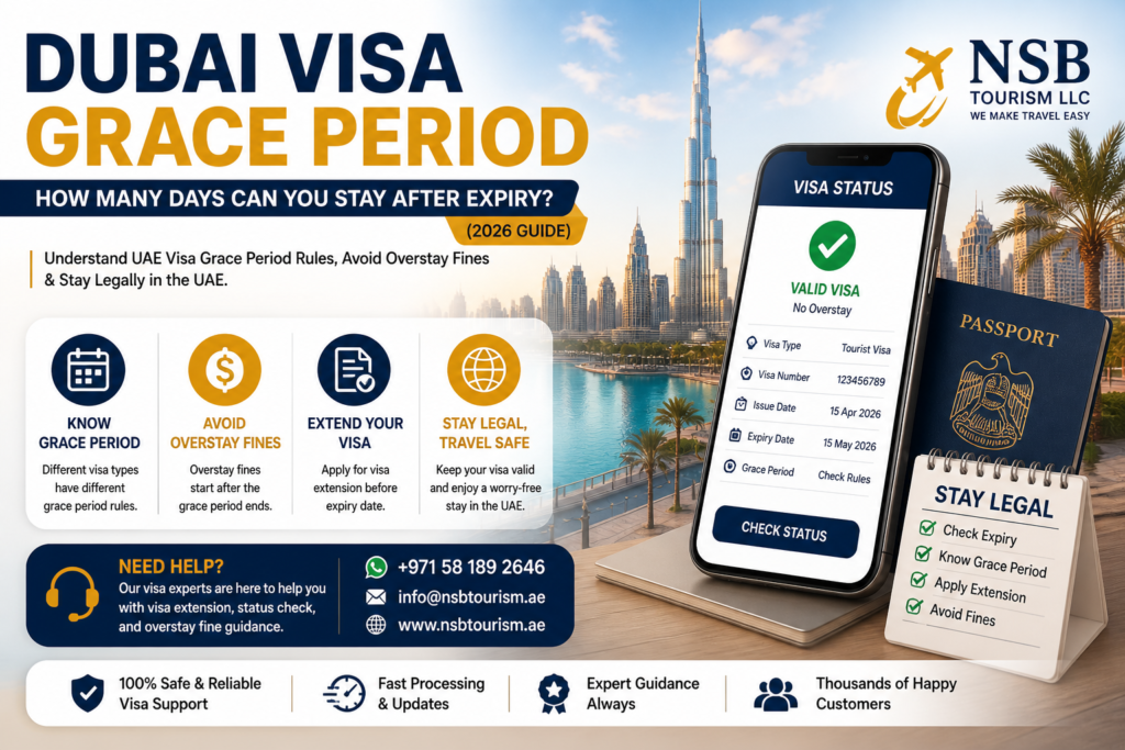 Dubai visa grace period 2026 guide with UAE visa expiry rules, overstay fine prevention, and visa extension support by NSB Tourism LLC