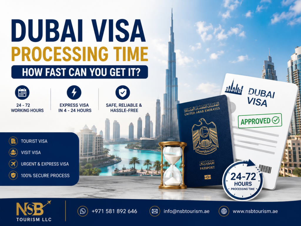 Dubai visa processing time guide showing UAE tourist visa approval process and passport verification in 2026