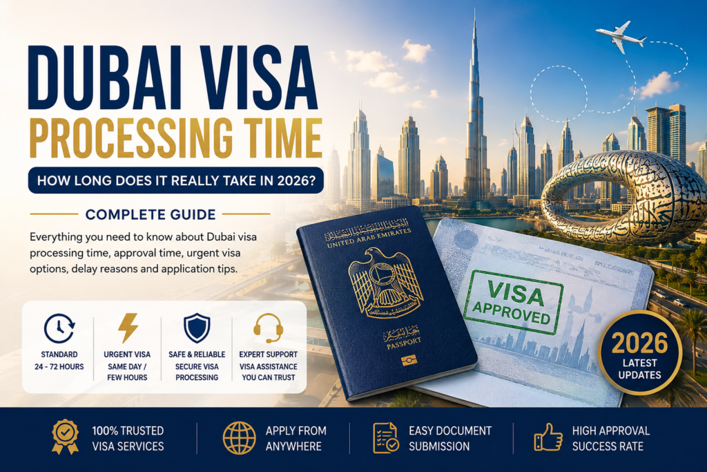 Dubai visa processing time 2026 hero image with UAE passport, visa approval, Burj Khalifa, and Dubai skyline