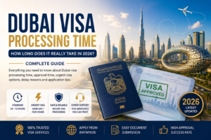 Dubai visa processing time 2026 hero image with UAE passport, visa approval, Burj Khalifa, and Dubai skyline