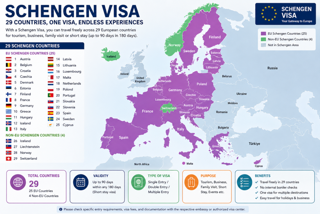 Detailed Schengen visa Europe map showing all Schengen countries, visa validity, travel purpose, and tourist visa benefits