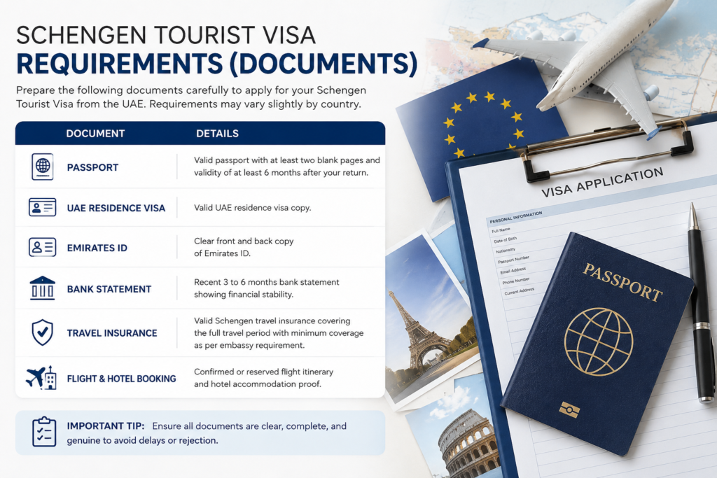 Schengen tourist visa processing time from UAE with passport, Europe travel documents, and embassy application process