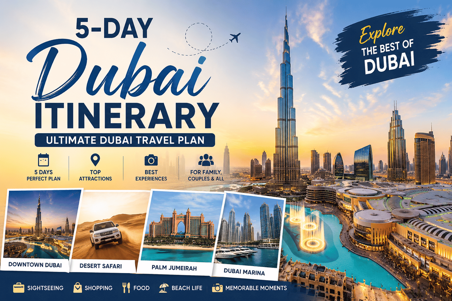 5-Day Dubai Itinerary hero image featuring Burj Khalifa, Dubai Mall, desert safari, Palm Jumeirah, Atlantis, and Dubai Marina travel experiences