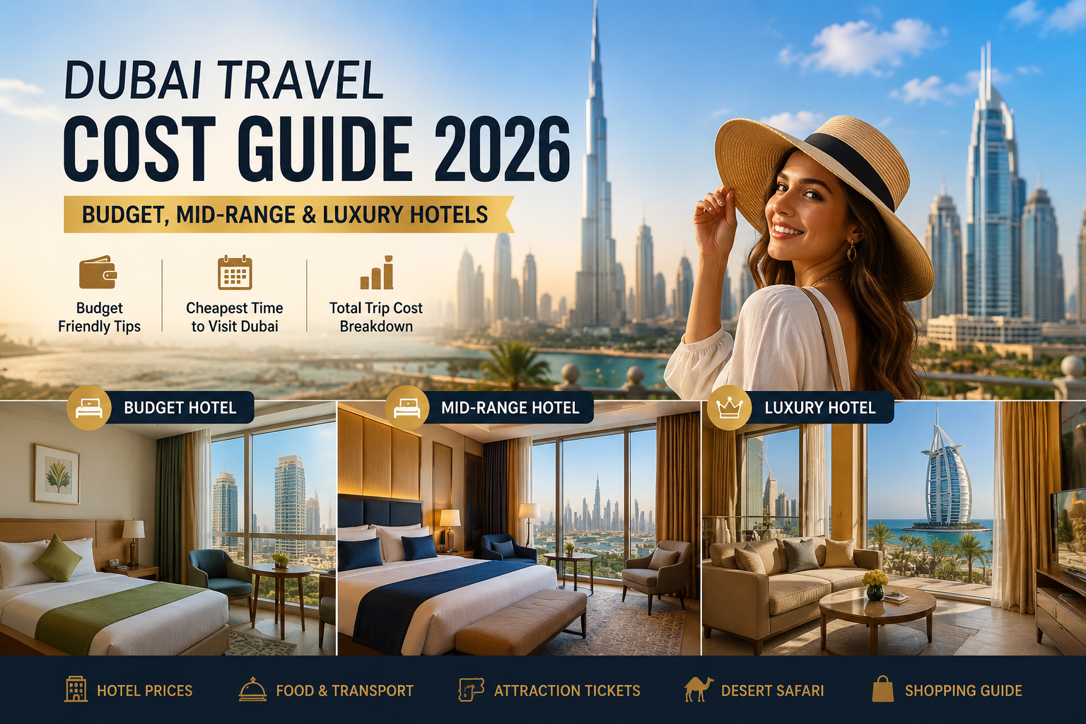 Dubai travel budget guide showing budget hotel, mid-range hotel, luxury hotel, Burj Khalifa skyline, and tourist travel planning in Dubai