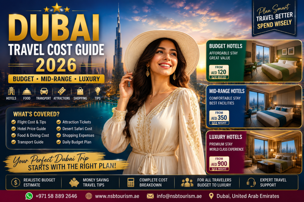 Dubai Travel Cost Guide 2026 featuring luxury traveler model, Dubai skyline, budget hotels, mid-range hotels, luxury hotels, and travel budget planning