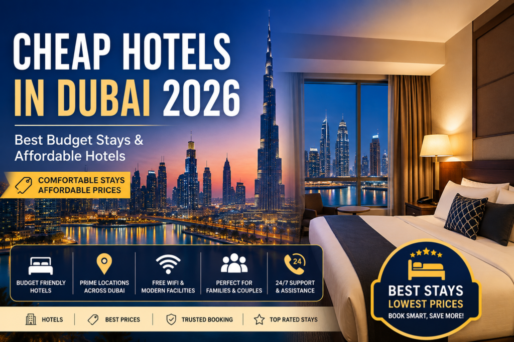 Cheap hotels in Dubai 2026 with budget hotel room, Burj Khalifa skyline, affordable Dubai accommodation, and budget-friendly hotel stays for tourists