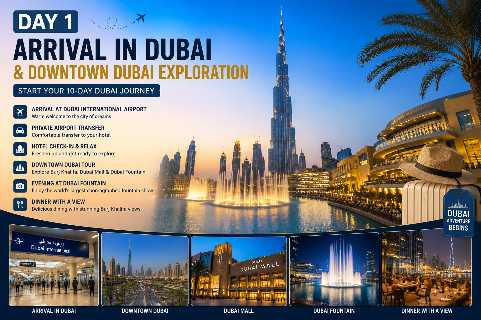 Day 1 Dubai itinerary infographic featuring Dubai International Airport, Burj Khalifa, Dubai Mall, Dubai Fountain, downtown Dubai tour, and luxury dinner experience