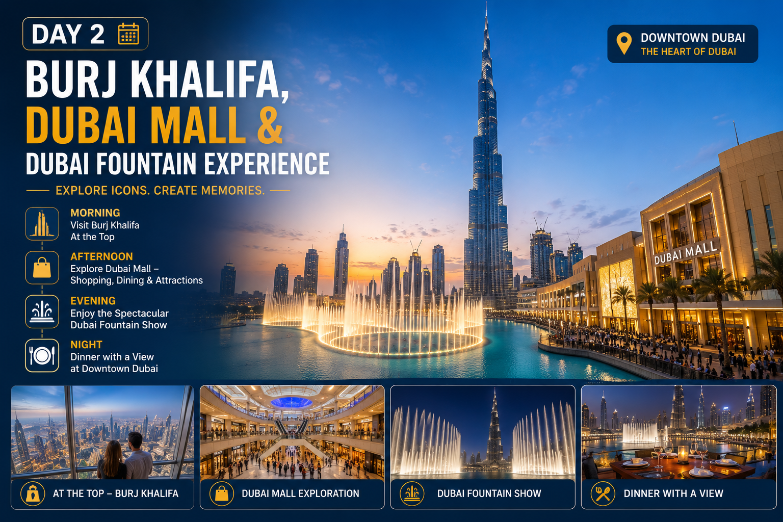 Day 2 Dubai itinerary infographic featuring Burj Khalifa, Dubai Mall, Dubai Fountain show, Downtown Dubai skyline, shopping and dining experience