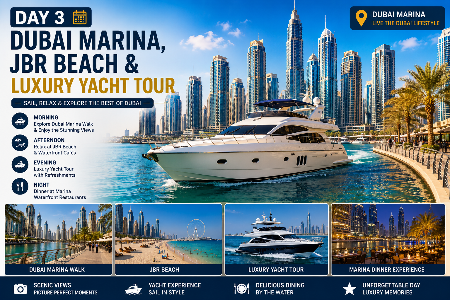 Day 3 Dubai Marina JBR Beach and luxury yacht tour itinerary