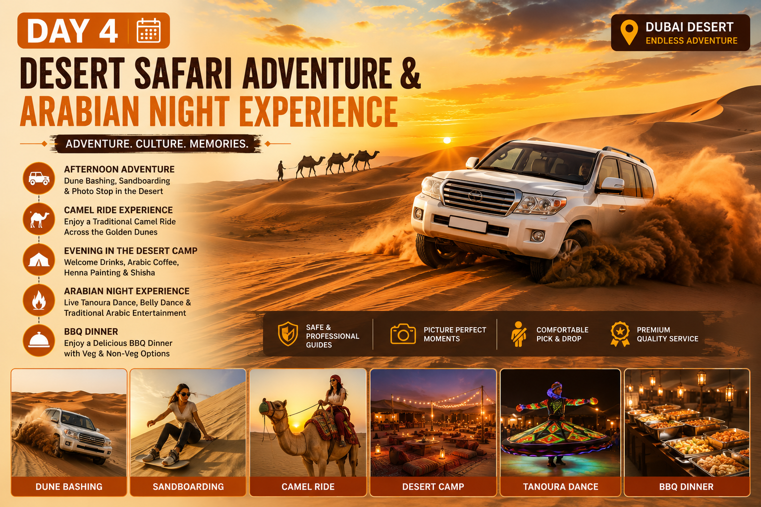 Day 4 Dubai desert safari adventure and Arabian night experience itinerary