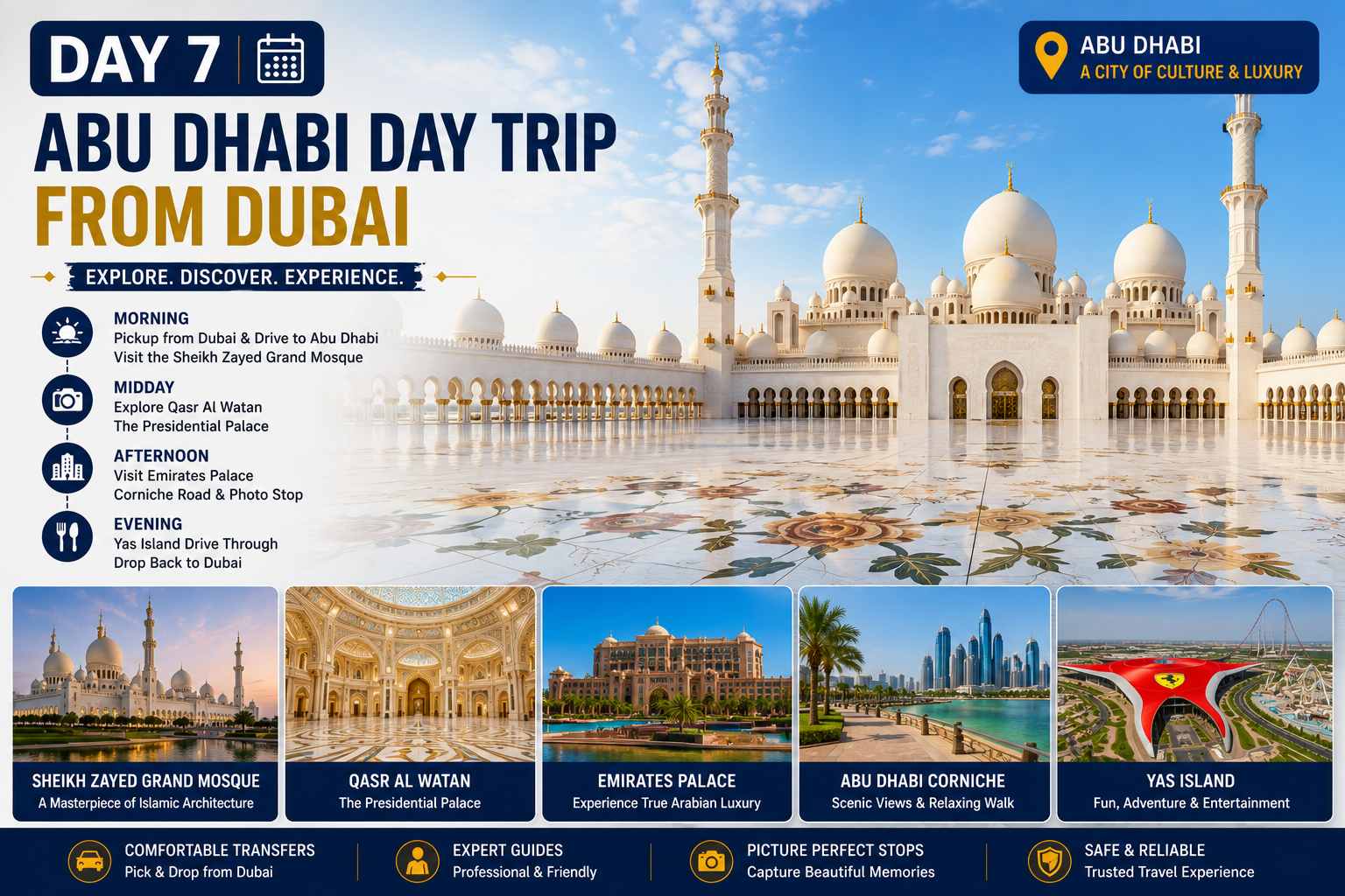 Day 7 Abu Dhabi day trip from Dubai itinerary with Sheikh Zayed Mosque and Qasr Al Watan