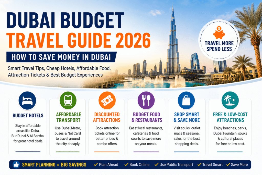Dubai budget travel infographic showing cheap hotels, affordable transport, budget restaurants, discounted attractions, and money-saving travel tips in Dubai 2026