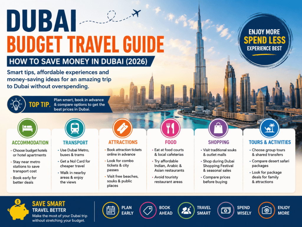 Dubai budget travel guide infographic showing money-saving tips, affordable attractions, transport, hotels, shopping, and travel planning in Dubai for 2026