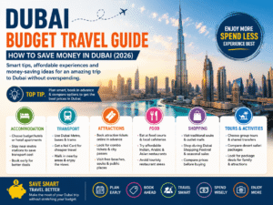 Dubai budget travel guide infographic showing money-saving tips, affordable attractions, transport, hotels, shopping, and travel planning in Dubai for 2026