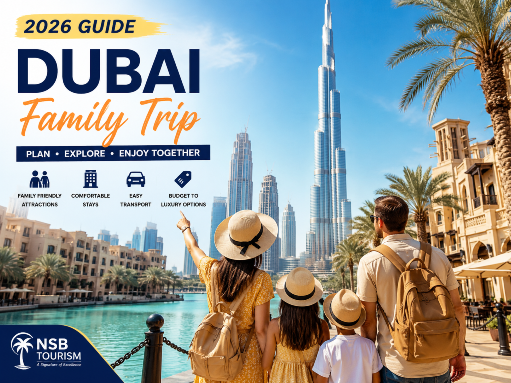 Dubai Family Trip Guide 2026 with family enjoying Burj Khalifa and Downtown Dubai waterfront view