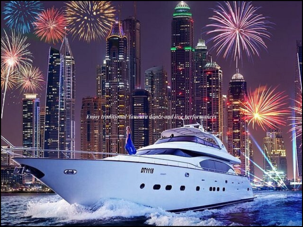 Dubai Marina skyline night view from cruise boat UAE