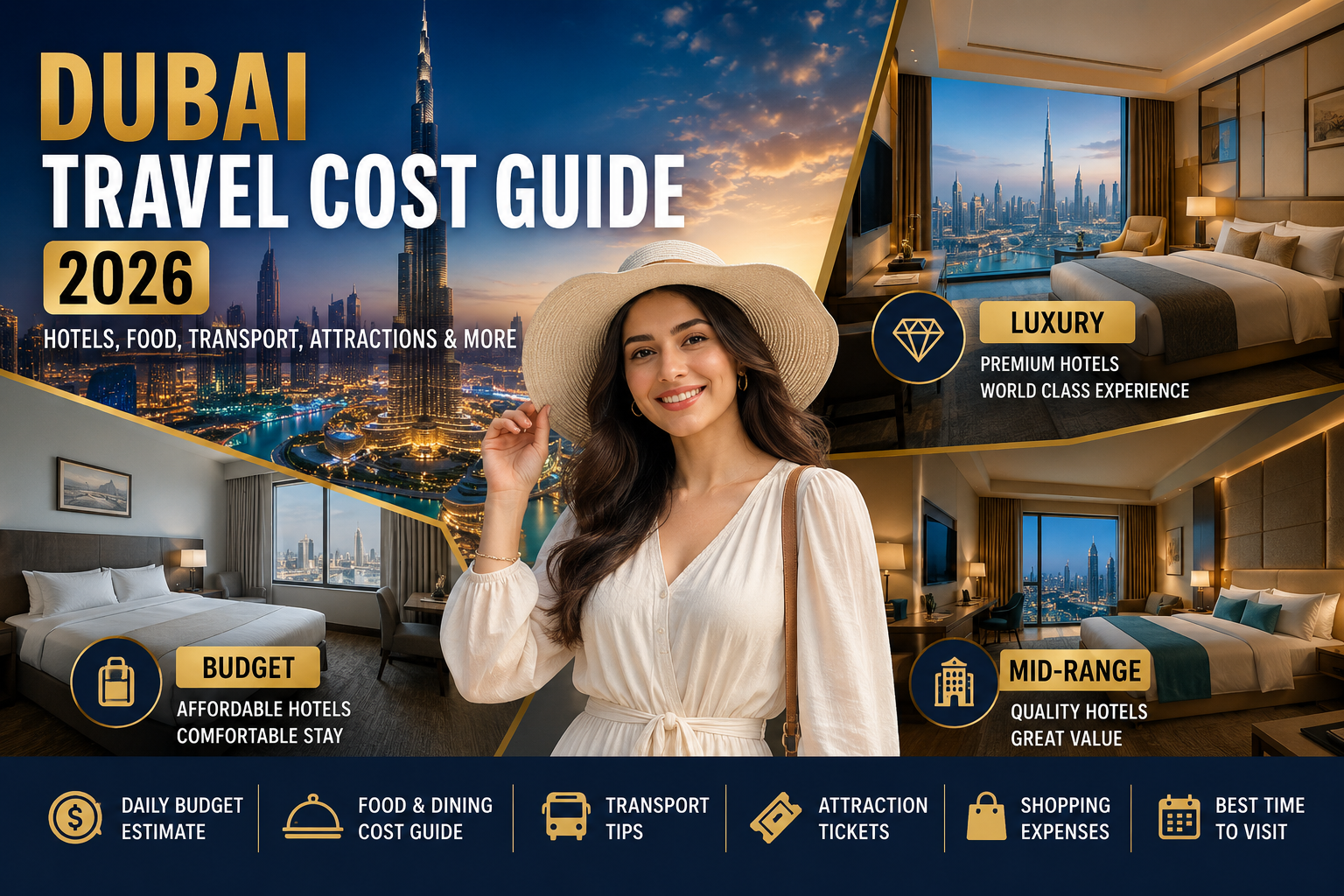Dubai Travel Cost Guide 2026 featuring beautiful traveler model with budget, mid-range, and luxury hotel options in Dubai