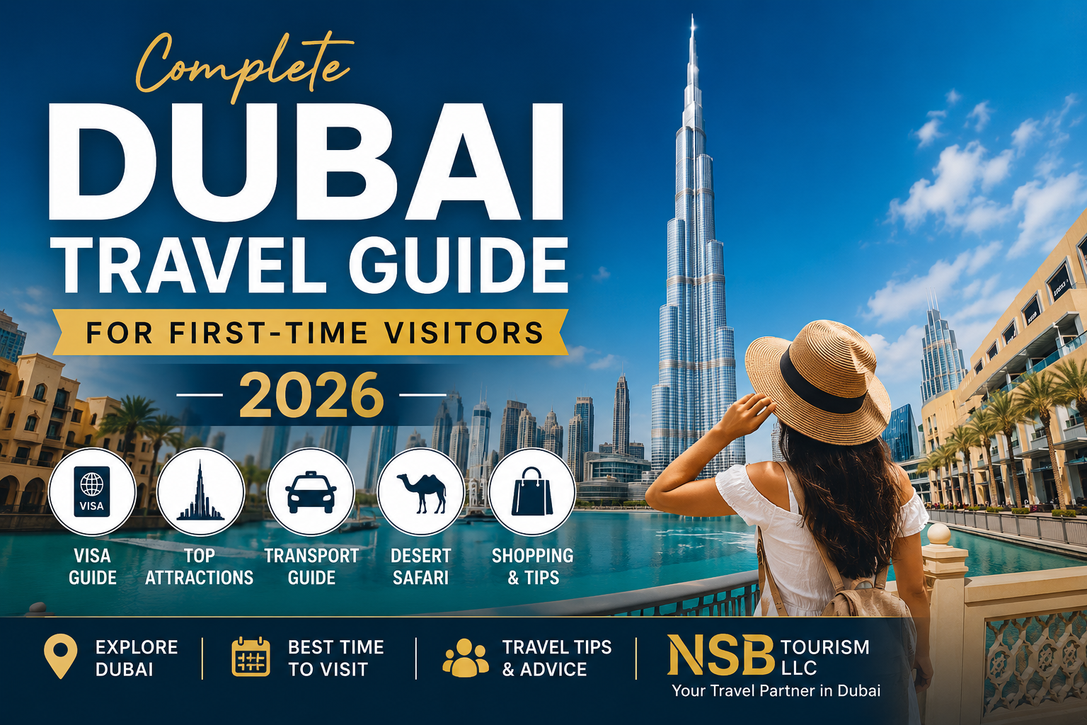 Dubai Travel Guide for first-time visitors featuring Burj Khalifa skyline, Dubai attractions, desert safari, shopping, and travel tips